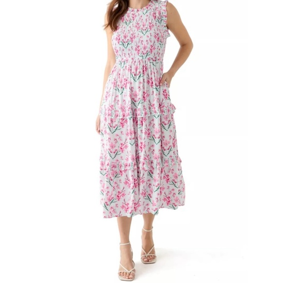 Crown & Ivy Floral Midi Dress Size 4 NWOT Pink Ruffle Tiered Spring Summer - Picture 4 of 4